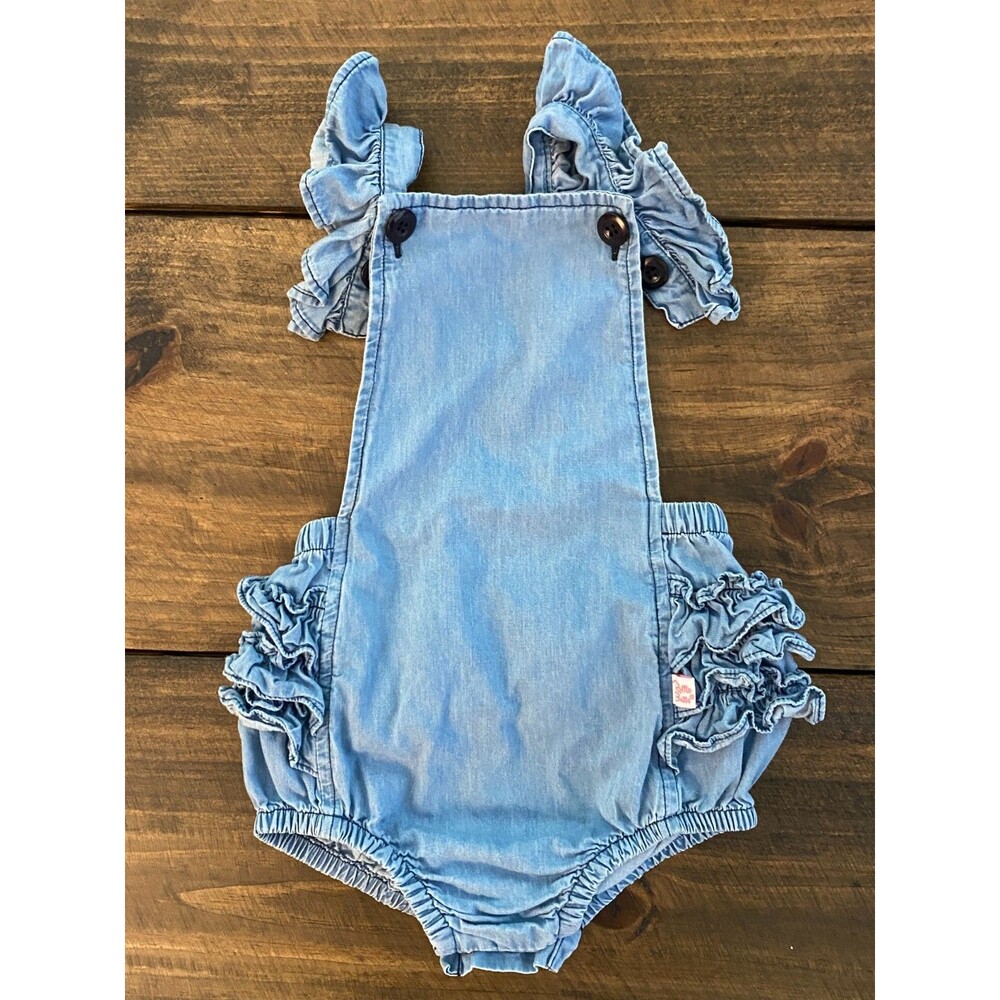 Ruffle Butts Light Wash Denim Bubble Romper Overalls Shortalls Girls 18-24 mos